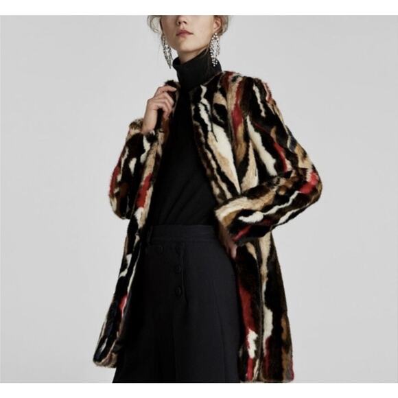 Zara Multicolor Faux Fur Coat XS Long Statement Jacket Plush Textured Outerwear - Picture 10 of 12